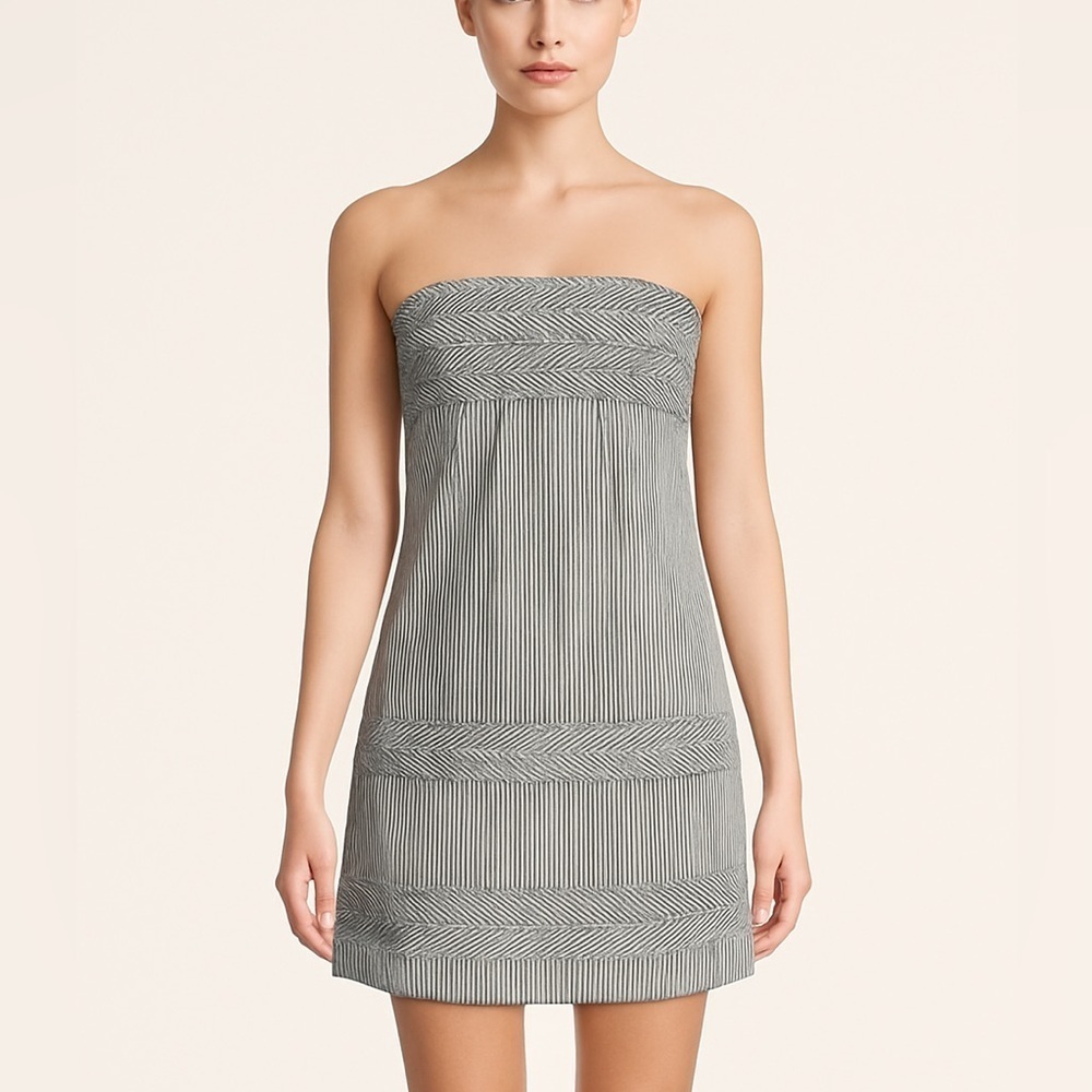 Cynthia Steffe Strapless Gray White Striped Mini Dress NWT Size 2 Cotton A-Line
